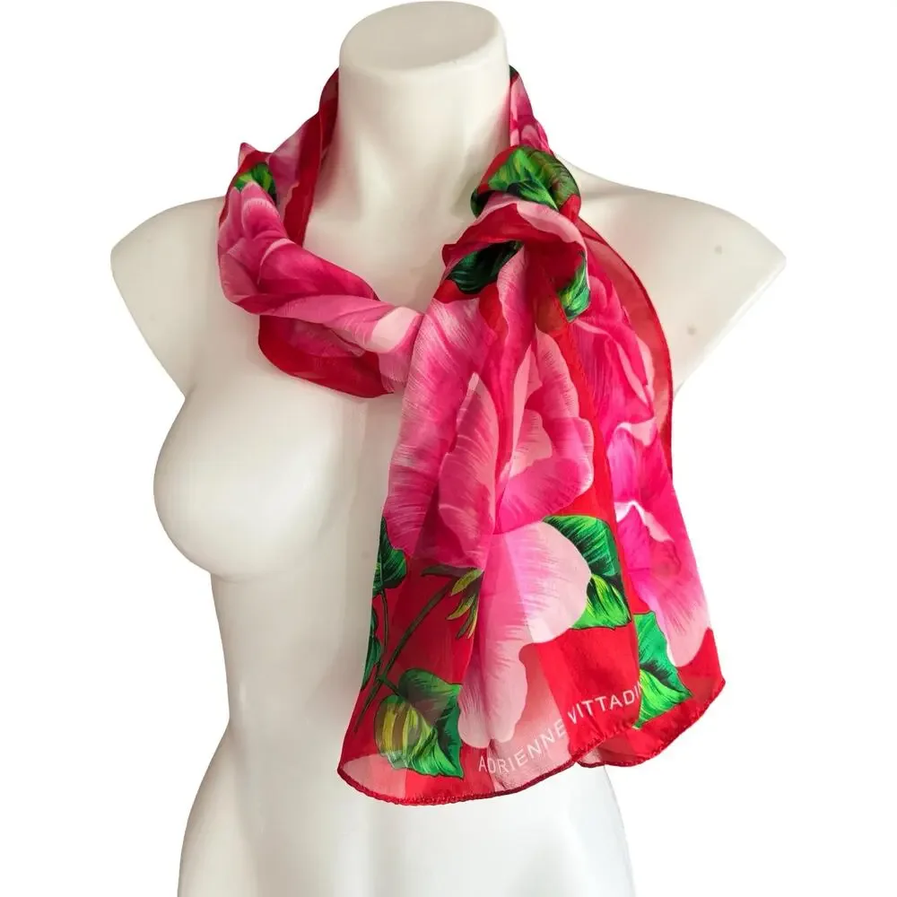 Vintage Adrienne Vittadini Silk Chiffon Scarf 1990s Rink Red Rose Floral 10x52